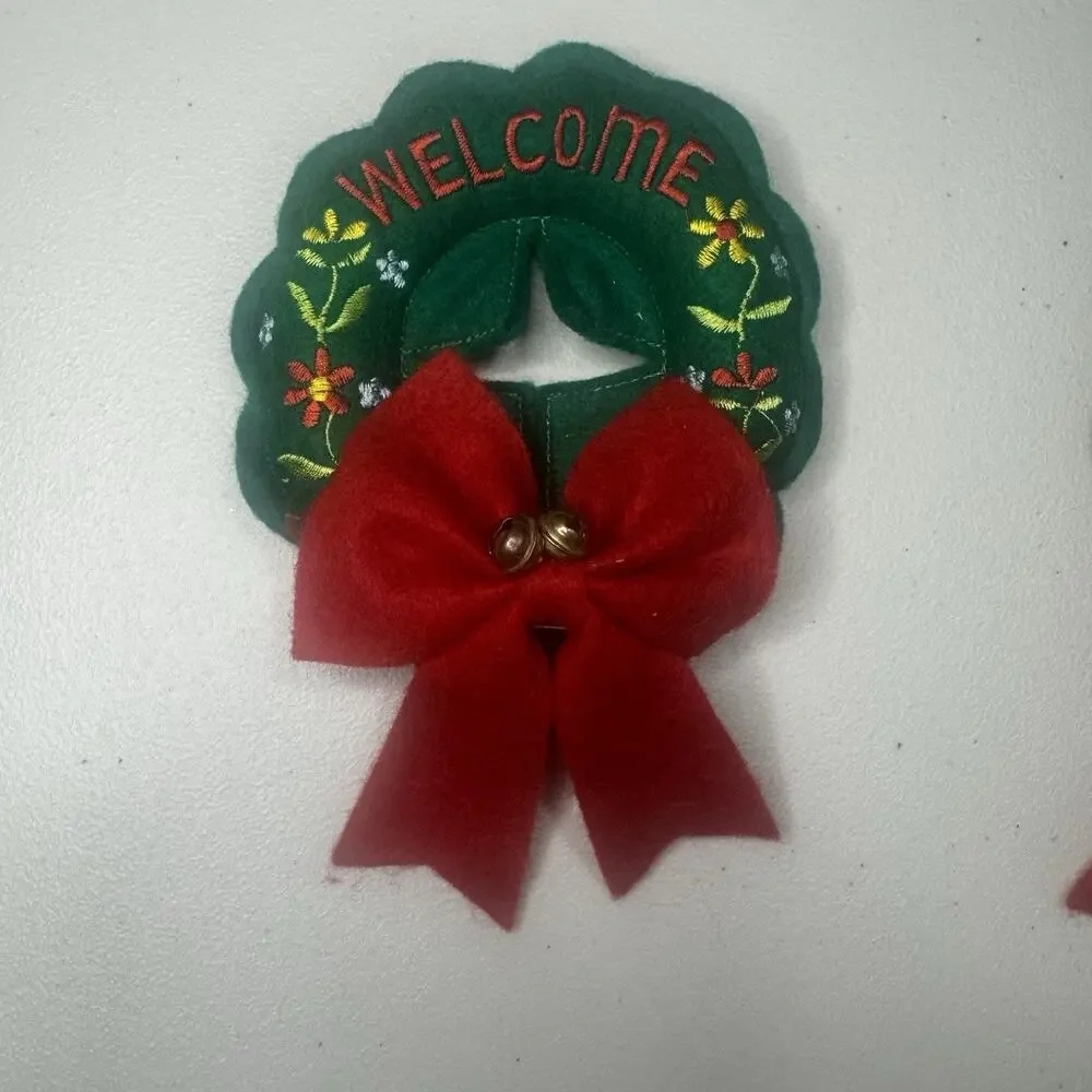 Vintage 2 Christmas Door Knob Cover Plush Welcome Wreath Embroidered Bells
